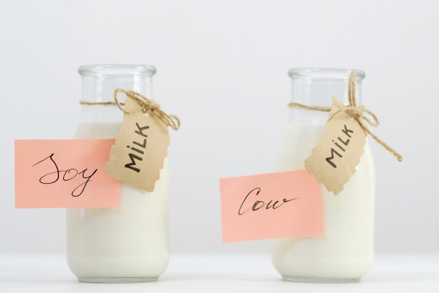 cow milk and soya milk in small bottles labelled